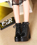 Black Faux Leather Boots Cross Strap Chunky Heel XZ-XZ210804