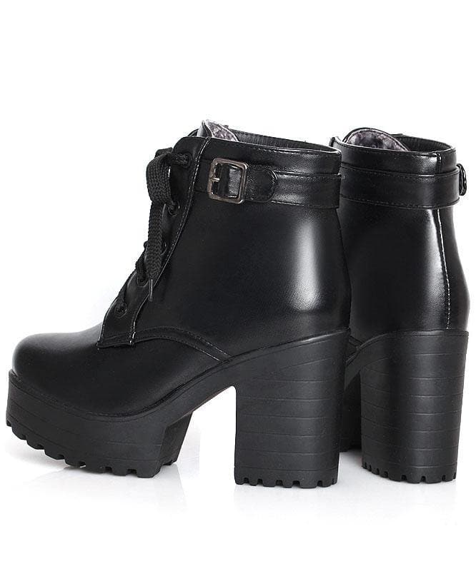 Black Faux Leather Boots Cross Strap Chunky Heel XZ-XZ210804