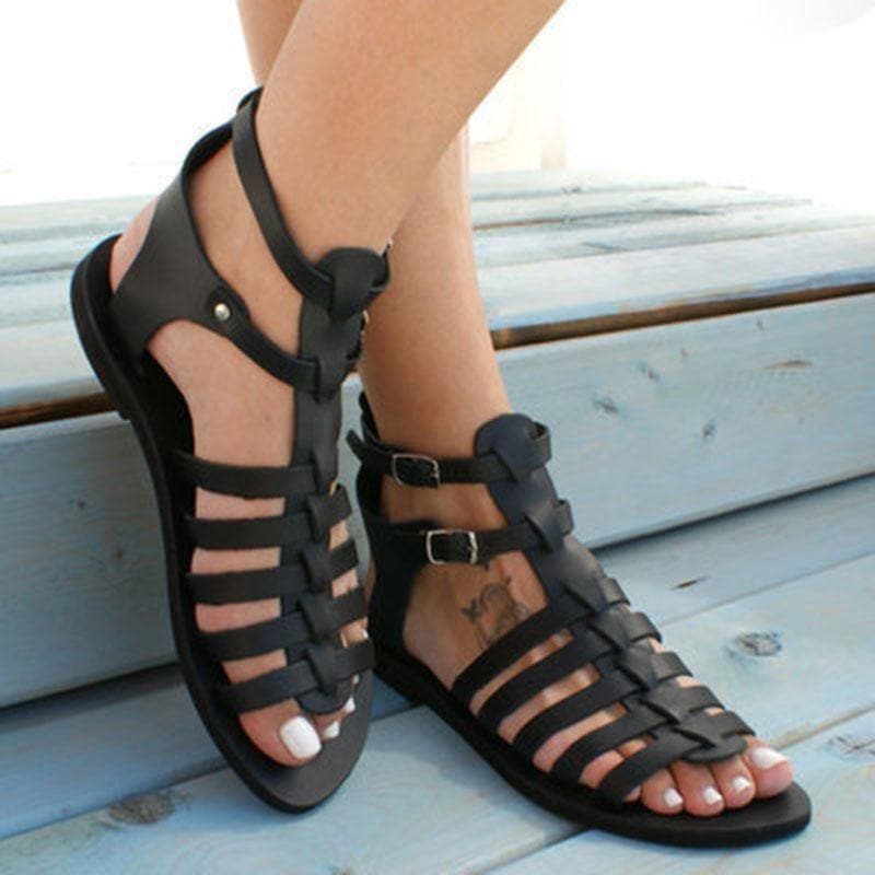 Black Faux Leather Flat Sandals Buckle Strap Water Sandals LX210723