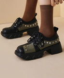 Black Loafers Platform Cowhide Leather Rivet Handmade Lace Up Loafers PDD-PDX220831