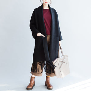 Black long cashmere coats oversized long woolen jackets tasseled cardigans CDG171028
