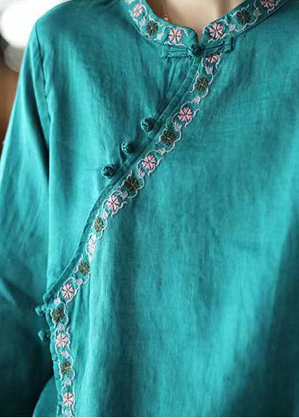 Blue Asymmetrical Design Linen Shirt Embroideried Long Sleeve DylinoShop