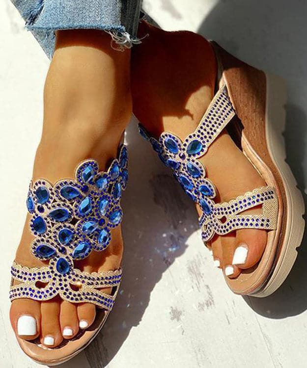 Blue Gemstone High Wedge Heels Faux Leather 2022 Peep Toe Slide Sandals Boho-LT220531