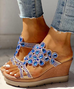 Blue Gemstone High Wedge Heels Faux Leather 2022 Peep Toe Slide Sandals Boho-LT220531