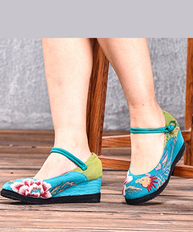 Blue High Wedge Heels Shoes Wedge Cotton Fabric Handmade Embroideried Patchwork Buckle Strap High Wedge Heels Shoes BX-XZ-PG20220401