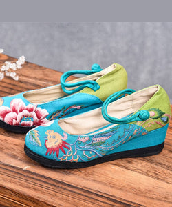 Blue High Wedge Heels Shoes Wedge Cotton Fabric Handmade Embroideried Patchwork Buckle Strap High Wedge Heels Shoes BX-XZ-PG20220401