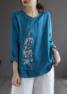 Blue Loose Linen Shirt Tops Embroideried Long Sleeve GK-LTP220301