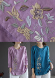 Blue Loose Linen Shirt Tops Embroideried Long Sleeve GK-LTP220301