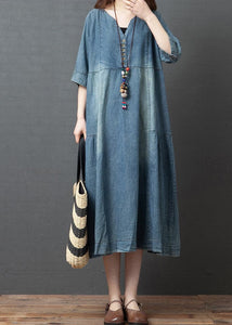 Blue Solid Patchwork Cotton Denim Dresses Button Half Sleeve GK-SDL220418
