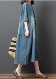 Blue Solid Patchwork Cotton Denim Dresses Button Half Sleeve GK-SDL220418