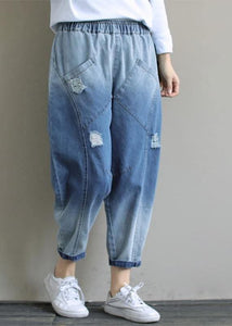 Bohemian Denim Light Blue Trousers Oversize Spring Elastic Waist Hole Work Pant SKTS210115