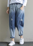 Bohemian Denim Light Blue Trousers Oversize Spring Elastic Waist Hole Work Pant SKTS210115
