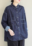 Bohemian Lapel Pockets Spring Tops Women Pattern Denim Blue Shirt LTP210129