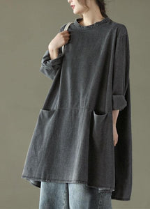 Boho Black Grey O-Neck Pockets Denim Long Dresses Long Sleeve GK-SDM210810