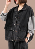 Boho Black Patchwork Pockets Fall Denim Jackets Long Sleeve WG-CTS210916