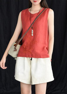 Boho Blue Embroideried Sleeveless Linen Shirt Tops Summer GK-VTP210708