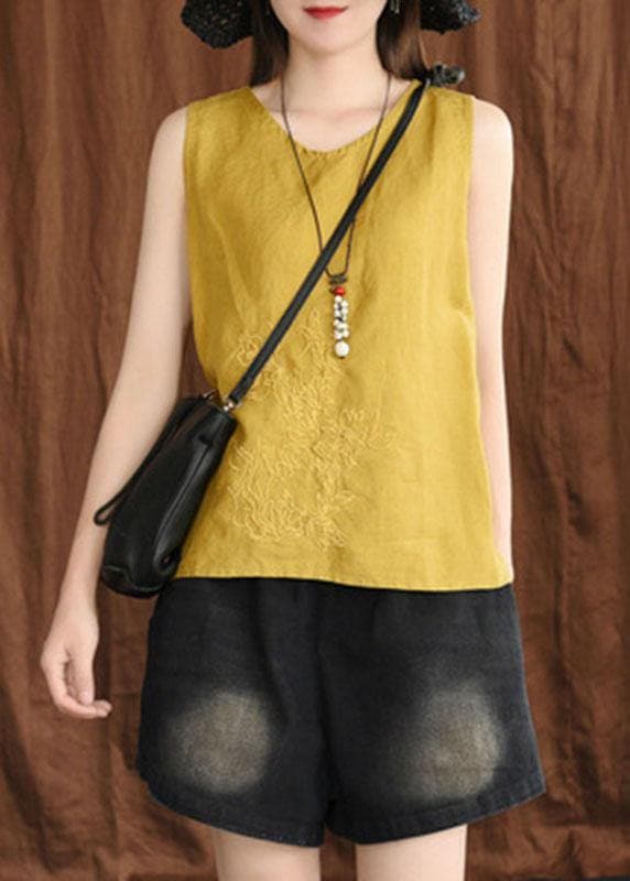 Boho Blue Embroideried Sleeveless Linen Shirt Tops Summer GK-VTP210708