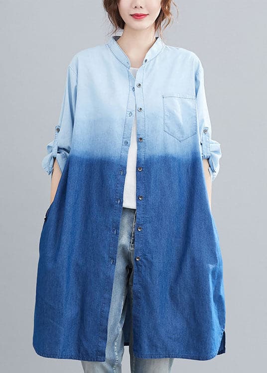 Boho Blue Pockets Button Gradient color Fall Denim Trench Long sleeve YYHC-CTS210930