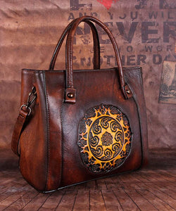 Boho Chocolate Embossing Paitings Calf Leather Tote Handbag BGS211230