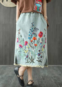 Boho Dark Blue Embroideried Tasseled A Line Summer Skirts Denim GK-SKTS210721