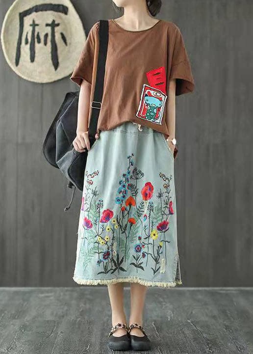 Boho Dark Blue Embroideried Tasseled A Line Summer Skirts Denim GK-SKTS210721