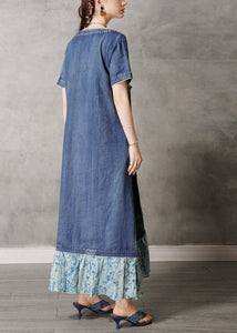 Boutique Blue V Neck Patchwork Cotton Denim Dress Short Sleeve nz-SDL220304