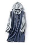 Boutique Blue hooded Pockets Button Patchwork Fall Long sleeve Denim Mid Dress BSNZ-FDM211014
