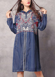 Boutique Blue zippered Hooded Embroideried Pockets Denim trench coats Spring nz-TCT220304