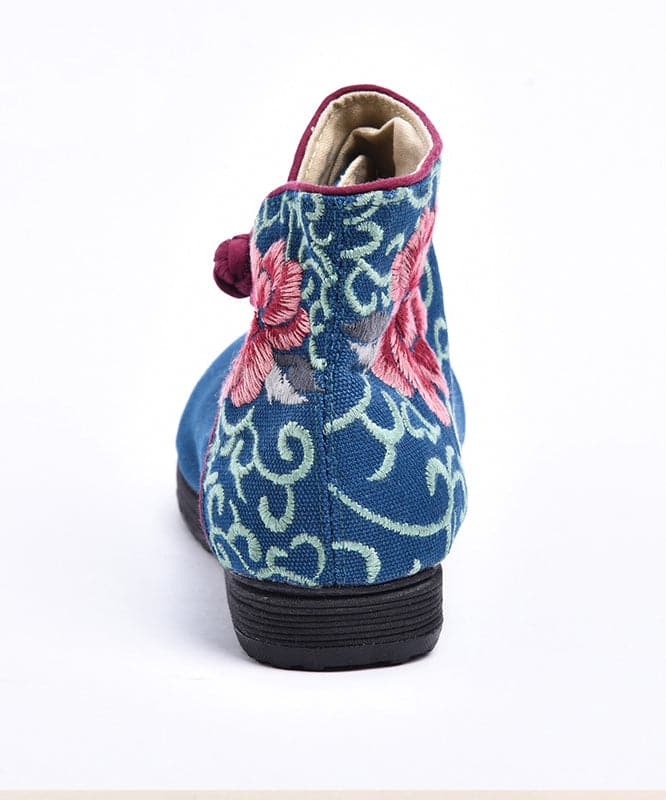 Boutique Buckle Strap Embroideried Comfy Ankle Boots Blue Cotton Fabric SHOE-XZ220328