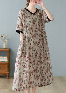 Boutique Khaki V Neck Print Linen Dresses Short Sleeve ZMQH-SDL220114
