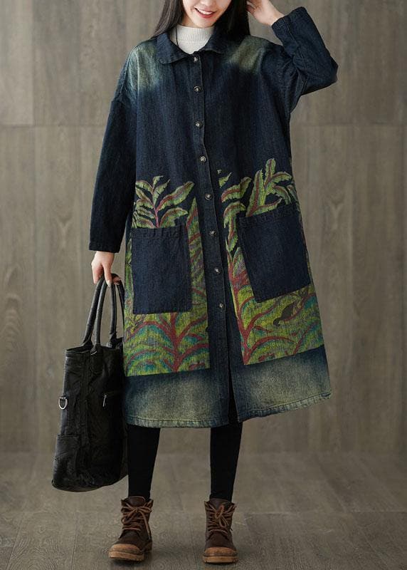 Boutique Navy Peter Pan Collar Pockets Button Print Fall Denim Long Sleeve Trench Coat PS-TCT210908