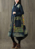 Boutique Navy Peter Pan Collar Pockets Button Print Fall Denim Long Sleeve Trench Coat PS-TCT210908