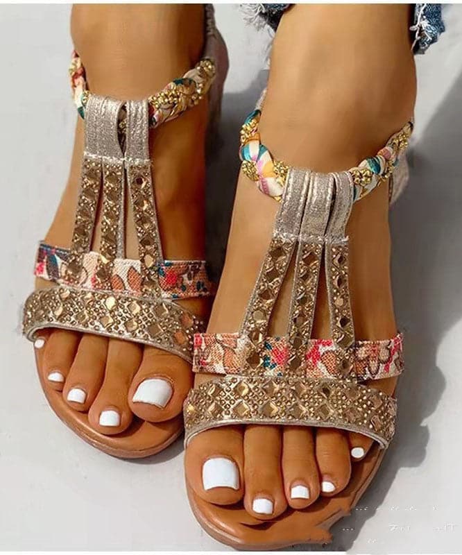 Boutique Peep Toe Wedge Sandals Golden Gemstone Faux Leather Walking Sandals Boho-LX220531