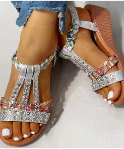 Boutique Peep Toe Wedge Sandals Golden Gemstone Faux Leather Walking Sandals Boho-LX220531