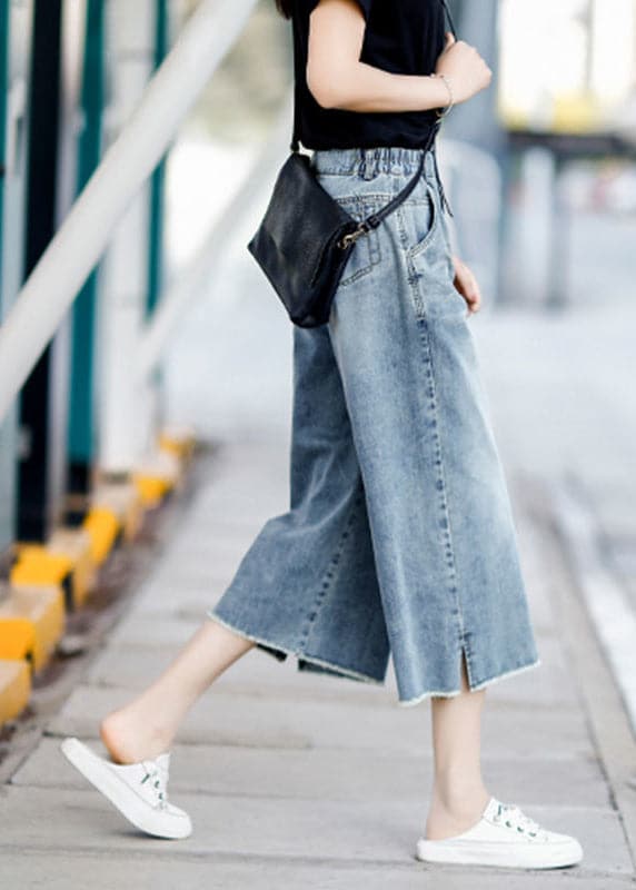 Boutique Streetwear Blue High Waist Pockets Cotton Denim Wide Leg Pants Summer NZ-CPTS22060701