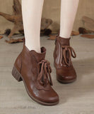Brown Boots Chunky Cowhide Leather Fashion Lace Up Boots XZ-XZ210804