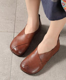 Brown Flat Shoes Cowhide Leather Chic Flats XZ-PDX210622