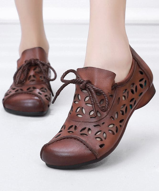 Brown Flat Shoes Cowhide Leather Fashion Hollow Out Lace Up Flat Shoes BX-PDX220407