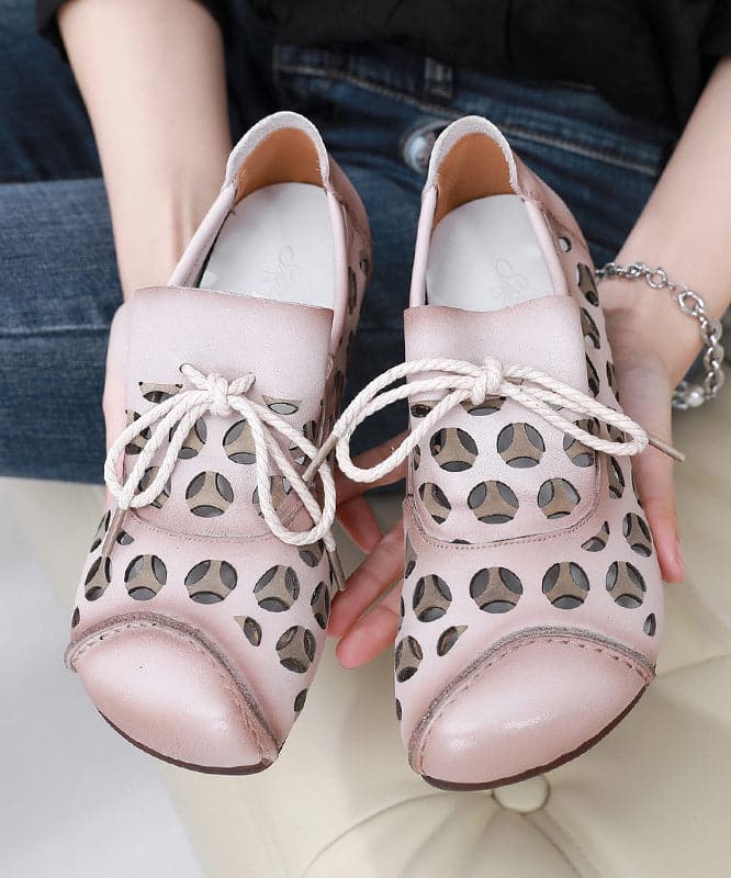 Brown Flat Shoes Cowhide Leather Fashion Hollow Out Lace Up Flat Shoes BX-PDX220407
