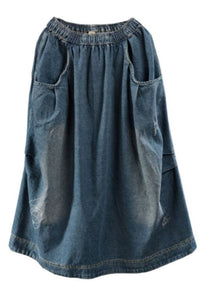 Casual Blue Elastic Waist Pockets Patchwork Fall Denim Skirt BSNZ-SKTS211014