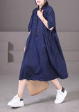Casual Blue Peter Pan Collar Patchwork Wrinkled Cotton Vacation Denim Dresses Short Sleeve WG-SDL220722