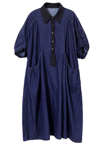 Casual Blue Peter Pan Collar Patchwork Wrinkled Cotton Vacation Denim Dresses Short Sleeve WG-SDL220722