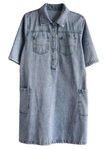 Casual Denim Blue Peter Pan Collar Pockets Summer Cotton Mid Dress Half Sleeve TR-SDM210729