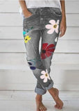 Casual Flower Print Button Denim Long Jeans For Women BG-LPTS210831