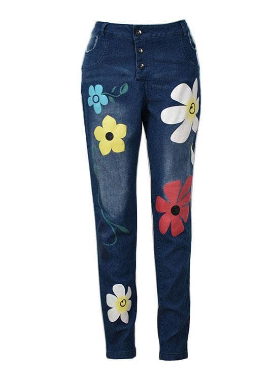 Casual Flower Print Button Denim Long Jeans For Women BG-LPTS210831