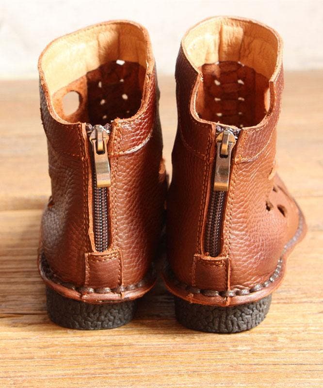 Casual Hollow Out Boots Brown Cowhide Leather XZ210706