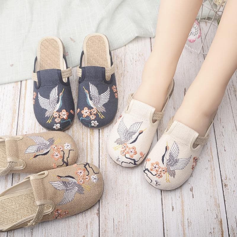 Casual Khaki Embroideried Linen Fabric Slippers Shoes LT210723-220630