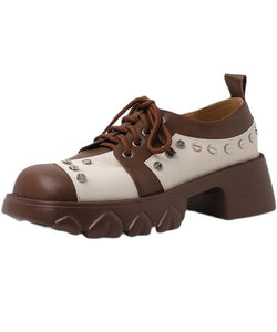Casual Lace Up Chunky High Heels Brown Cowhide Leather Loafers For Women PDD-PDX220831