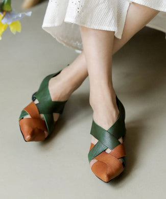 Casual Pointed Toe Chunky Sandals Yellow Green Cowhide Leather Splicing Sandals BX-GGX220407