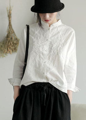 Casual White Stand Collar button Embroideried Shirt Top Long Sleeve GK-LTP220301